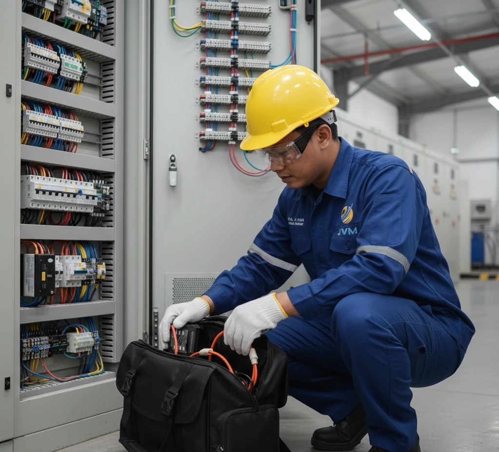 Teknisi listrik Indonesia menggunakan clamp meter PCE-PA 8500 untuk analisis kualitas daya di panel industri.