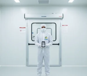 Teknisi cleanroom Indonesia menggunakan PCE-PDA 100L untuk mengukur tekanan diferensial pada ruang bersih industri farmasi.