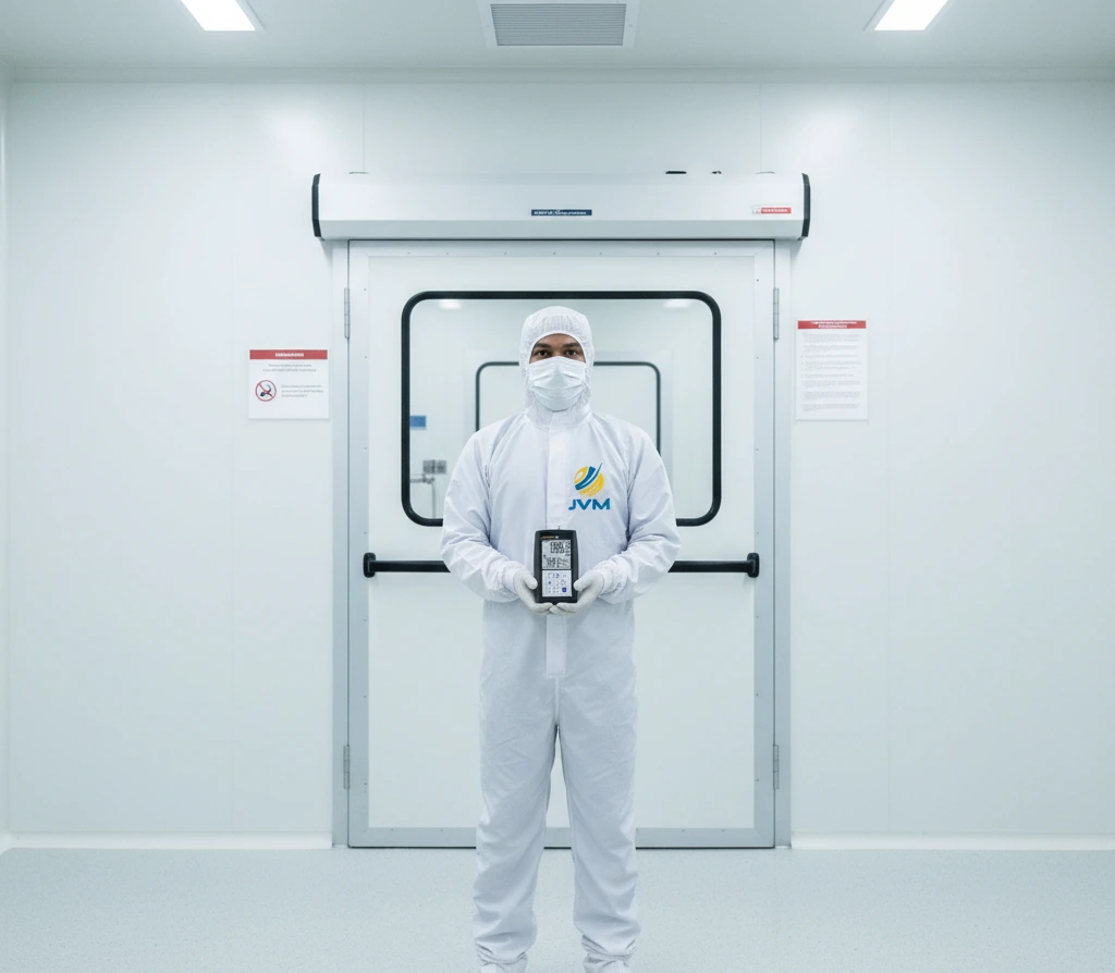 Teknisi cleanroom Indonesia menggunakan PCE-PDA 100L untuk mengukur tekanan diferensial pada ruang bersih industri farmasi.