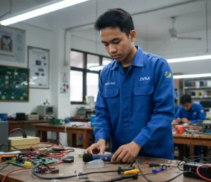 Teknisi Indonesia menggunakan PCE-SDL 1 decibel meter di bengkel praktik untuk mengukur tingkat kebisingan mesin kompresor.