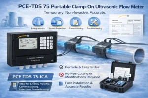 Portable clamp-on ultrasonic flow meter PCE-TDS 75-ICA installed on industrial pipe for temporary flow measurement