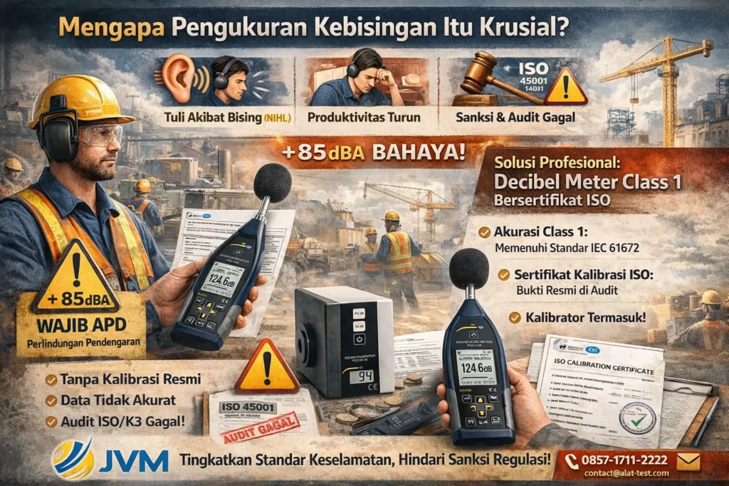 Petugas K3 menggunakan Decibel Meter Class 1 bersertifikat ISO untuk mengukur tingkat kebisingan di area pabrik industri.
