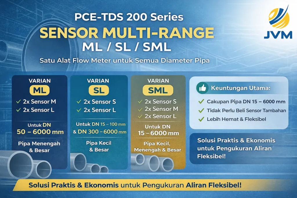 PCE-TDS 200 Series sensor multi-range ML SL SML untuk pengukuran aliran pipa DN 15–6000 mm