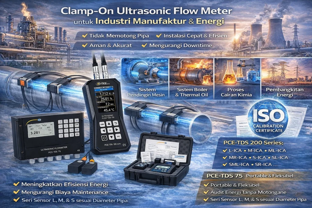 Clamp-On Ultrasonic Flow Meter PCE-TDS terpasang pada pipa sistem pendingin industri manufaktur tanpa memotong pipa