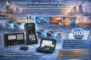 Clamp-On Ultrasonic Flow Meter PCE-TDS terpasang pada pipa sistem pendingin industri manufaktur tanpa memotong pipa