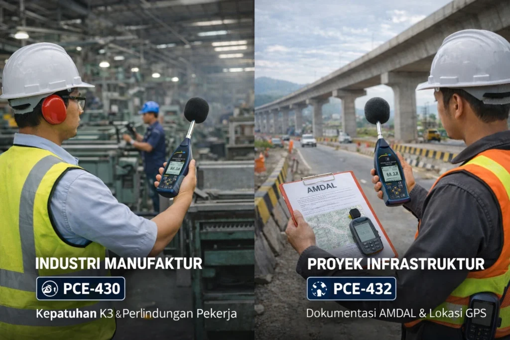 Sound level meter Class 1 digunakan di area pabrik dan proyek infrastruktur untuk pengukuran kebisingan industri dan AMDAL.