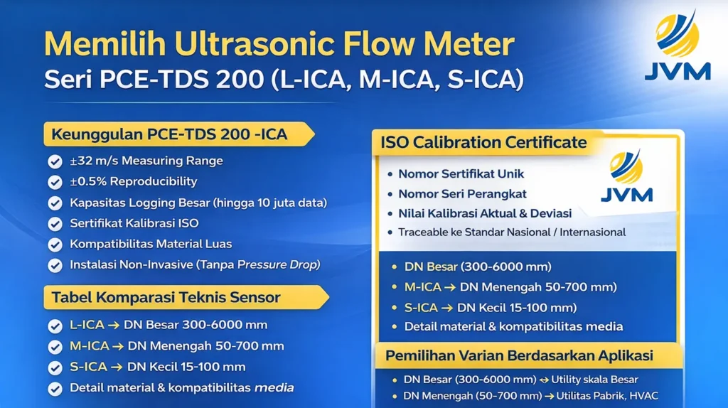 Infografis spesifikasi teknis PCE-TDS 200 -ICA ultrasonic flow meter L-ICA, M-ICA, dan S-ICA dengan ISO calibration certificate.