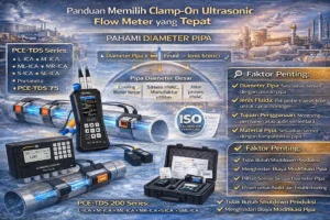 Clamp-on ultrasonic flow meter PCE-TDS 200 terpasang pada pipa industri besar di lingkungan pabrik modern