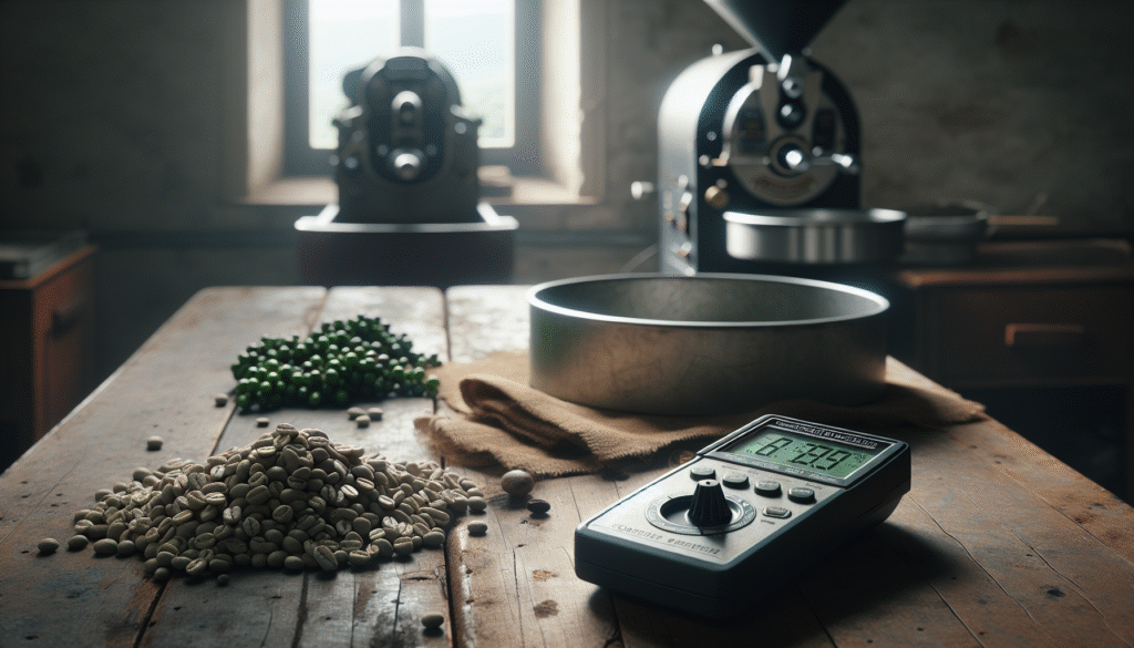 Professional coffee roaster using a digital moisture meter to check green coffee bean quality, preventing caking and ensuring consistent roasting.