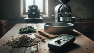 Professional coffee roaster using a digital moisture meter to check green coffee bean quality, preventing caking and ensuring consistent roasting.