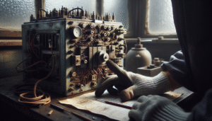 Close-up of a technician inspecting a worn transformer temperature monitoring device with microswitch and sensor wiring in a maintenance workshop.