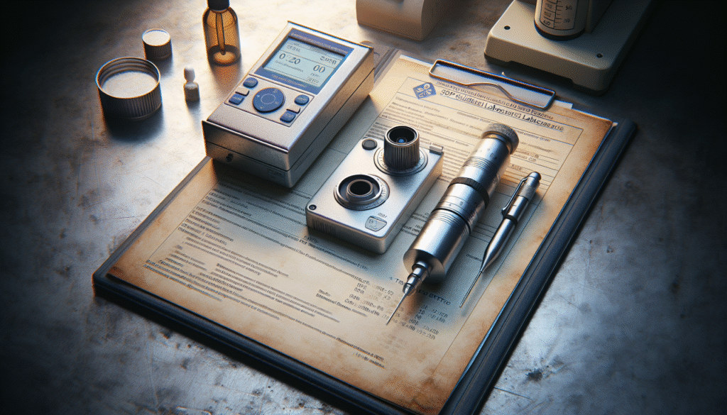 Close-up of a digital refractometer and DULCOTEST® sensor on a lab bench with Indonesian health SOPs, demonstrating real-time measurement for mengatasi variasi konsentrasi disinfektan.