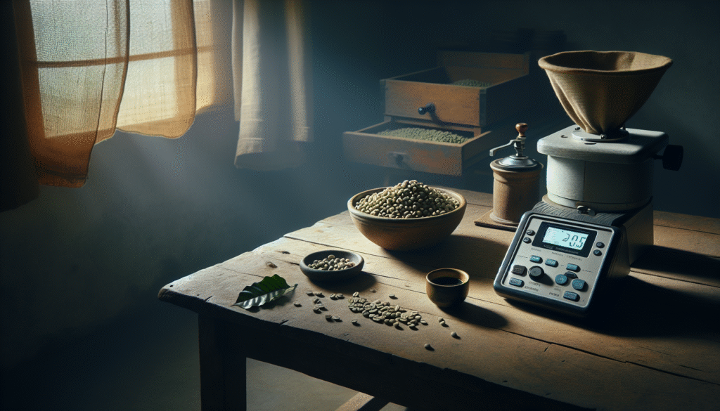 Digital moisture meter measuring green coffee beans on a wooden table to achieve the standard 12.5% moisture content for quality and economic value.