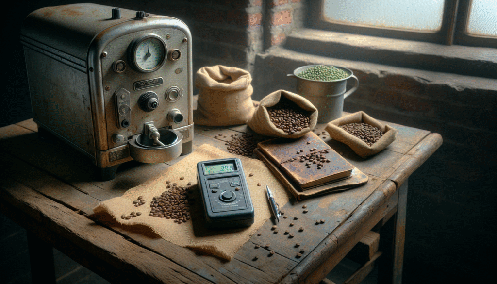 Classic drying oven and modern moisture meter for measuring coffee bean moisture content on a rustic workspace.