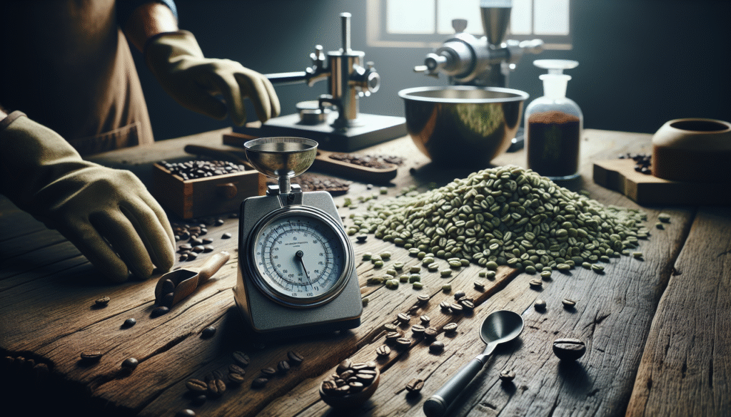 Close-up of a hygrometer measuring green coffee beans on a wooden table in a processing facility, illustrating key steps for managing coffee moisture content.