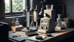 Classic glass pycnometer and modern digital densimeter for testing rubber and PVC density in a professional quality control lab.