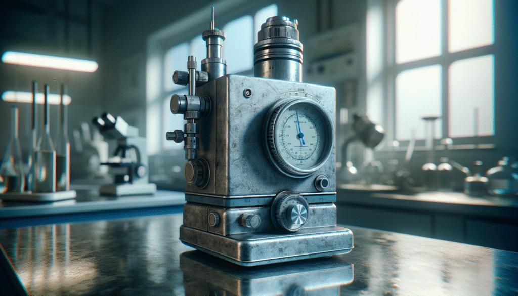 Weathered stainless steel digital refractometer on a cleanroom workbench in a sterile environment, essential for controlled area measurement.