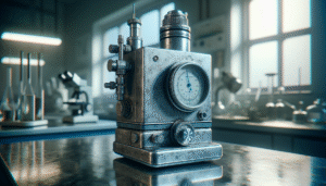 Weathered stainless steel digital refractometer on a cleanroom workbench in a sterile environment, essential for controlled area measurement.