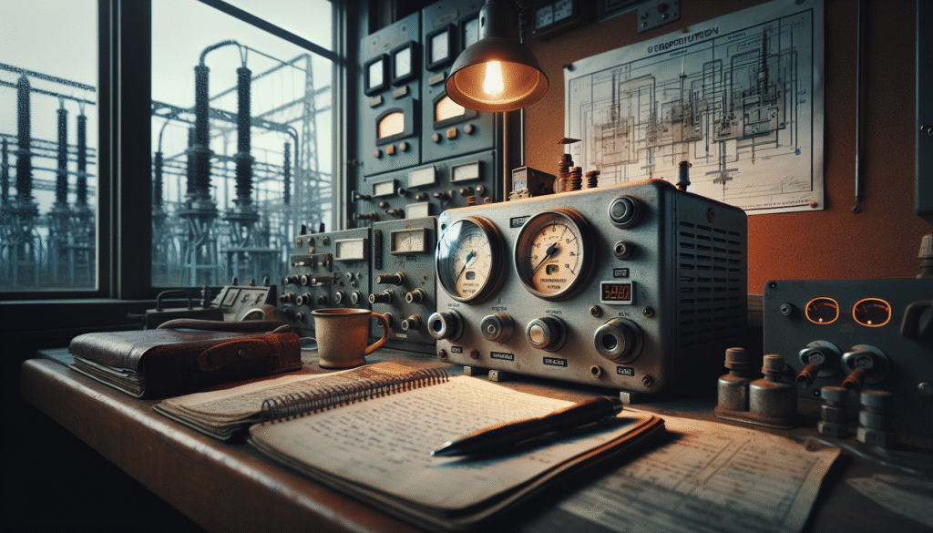 Close-up of a rugged industrial temperature gauge monitoring a high-voltage transformer in a substation control room, illustrating key aspects of PUIL 2020 and SPLN 78:1985 compliance for transformer temperature monitoring.