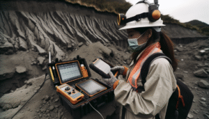 Environmental scientist in safety gear using portable equipment to monitor soil stability after an earthquake.