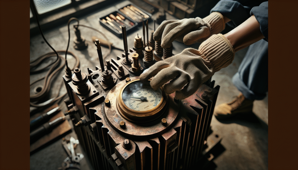 Technician in work gloves calibrating a weathered brass oil temperature gauge on an industrial transformer.