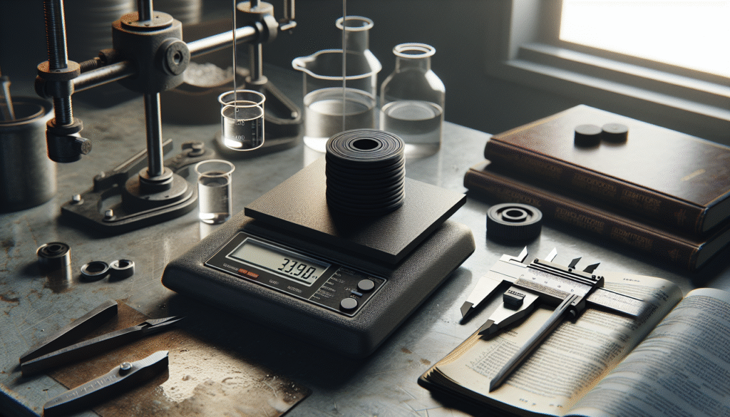 Close-up of a rubber density measurement setup on a lab bench for quality control before molding, featuring a scale, rubber sample, beaker, and calipers.
