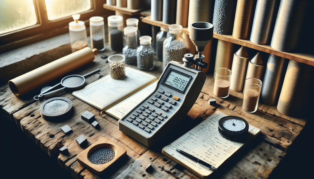 Digital density meter measuring rubber sheets and PVC pellets on a wooden workbench in a quality control lab.