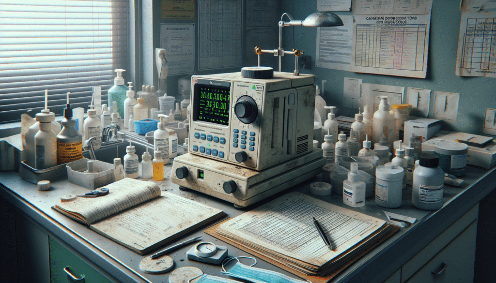 Digital refractometer on a hospital lab bench for measuring disinfectant refractive index, surrounded by bottles and calibration records.