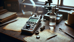 Digital refractometer measuring refractive index of clear H2O2 solution for quality control in a laboratory setting.