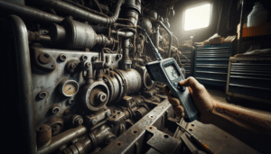 A technician using an infrared thermometer to measure hydraulic oil temperature in a heavy machinery engine compartment, demonstrating overheating prevention.