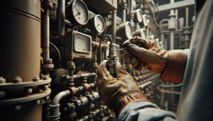 Technician measuring transformer oil temperature with a probe for maintenance and safety in an electrical substation.