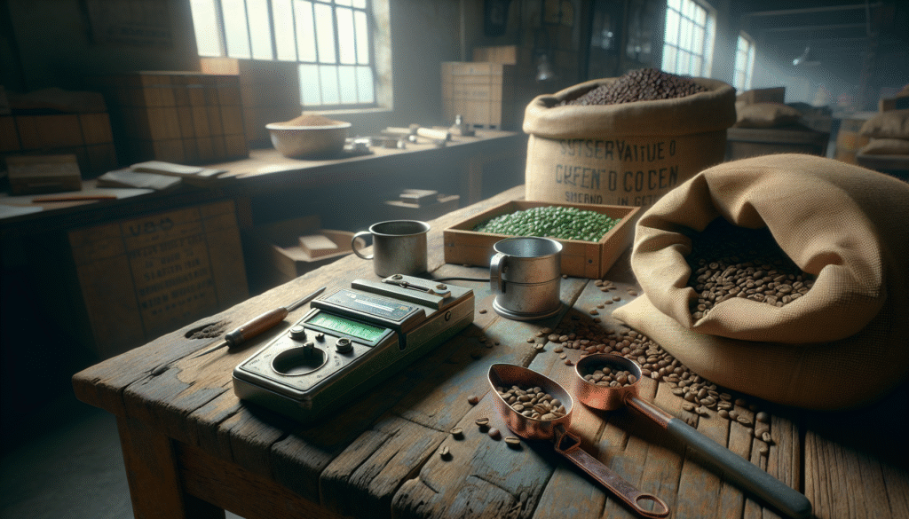 Portable moisture meter and sampling tools on a weathered table for measuring green coffee bean water content in warehouse QC.