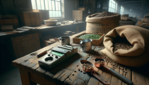 Portable moisture meter and sampling tools on a weathered table for measuring green coffee bean water content in warehouse QC.