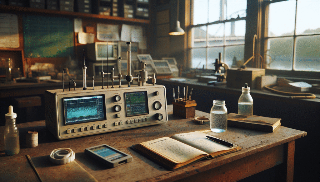 Multi-parameter water quality monitoring device analyzing a sample jar of river water in a professional remediation workspace.