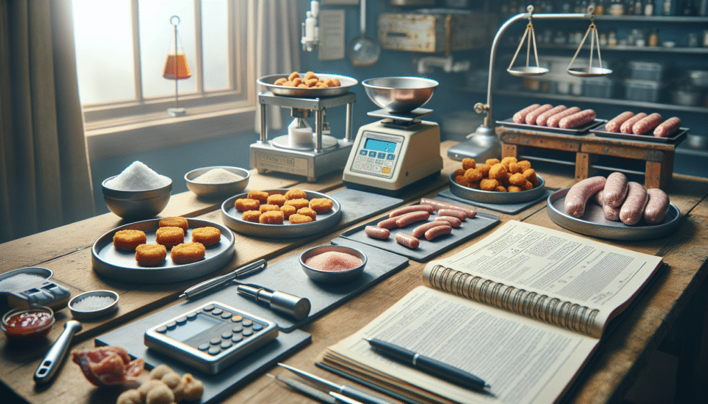 Close-up of chicken nuggets, sausages, and meatballs in a food lab with a precision scale and salt, highlighting sodium content analysis for SNI regulations.