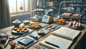 Close-up of chicken nuggets, sausages, and meatballs in a food lab with a precision scale and salt, highlighting sodium content analysis for SNI regulations.