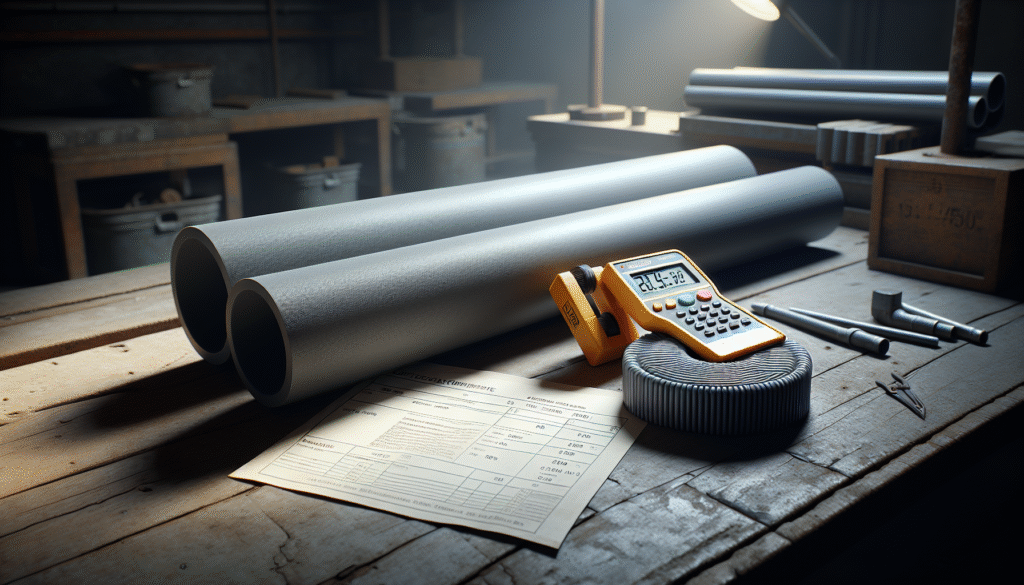 Close-up of rigid and flexible industrial PVC pipes on a workbench with a density meter and ASTM D792 standard document, illustrating PVC density standards for industrial piping.