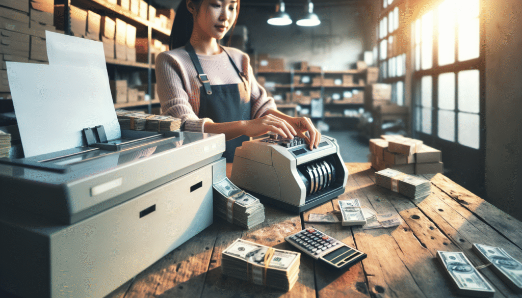 A retail worker efficiently counting cash with a modern counting machine on a wooden counter, illustrating strategies for cash handling efficiency during currency depreciation.
