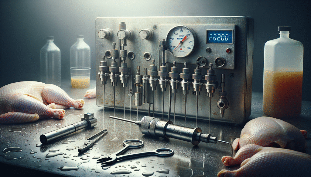 Close-up of brine injection equipment on a quality control workstation for analyzing and controlling saltiness in packaged chicken.