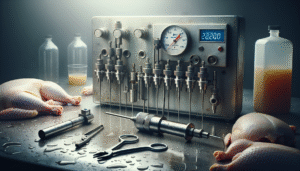 Close-up of brine injection equipment on a quality control workstation for analyzing and controlling saltiness in packaged chicken.