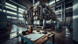 A weathered transformer unit with temperature monitoring gauges and a thermal imaging camera in an oil and gas facility, illustrating predictive maintenance for optimal transformer oil temperature.