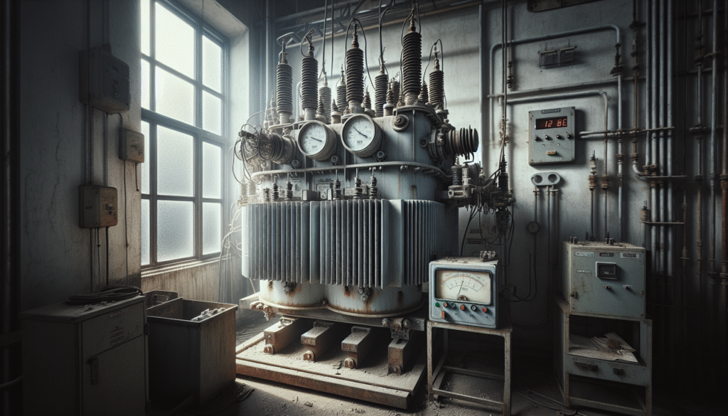 Overheated electrical transformer in an industrial setting with temperature monitoring equipment showing elevated readings, highlighting the risks and solutions for excessive transformer oil temperature.