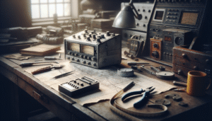 Aviation accident investigator analyzing a flight data recorder and technical measurement equipment on a workbench.