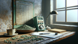 Professional using a moisture meter to measure green coffee bean water content for quality control in the supply chain.