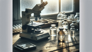 Refractometer measuring antiseptic solution index of refraction in a pharmaceutical quality control lab.