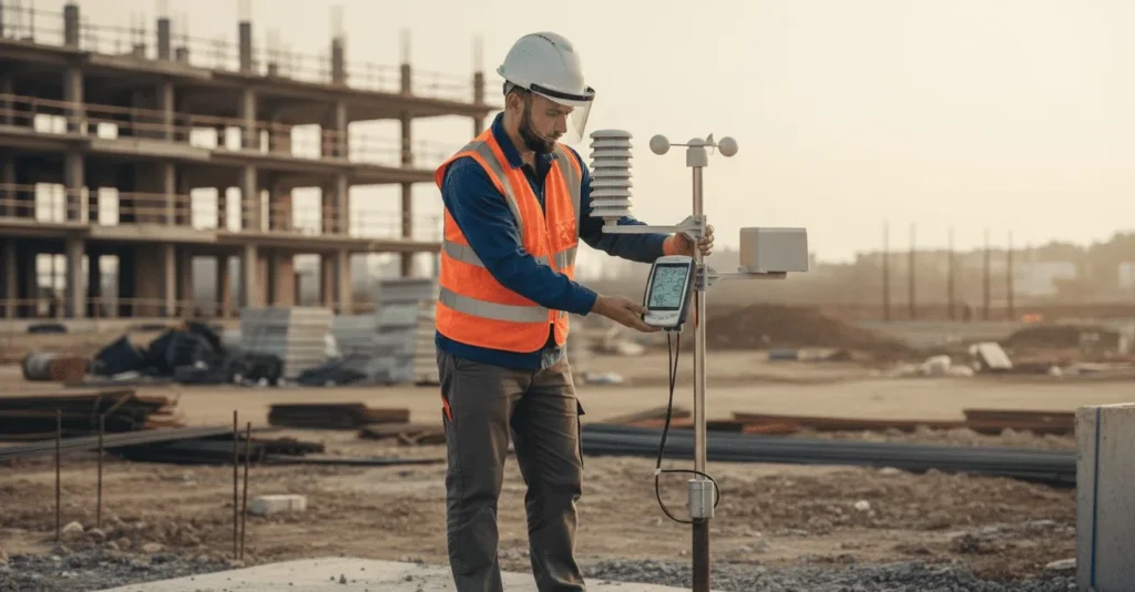 Construction supervisor analyzing real-time weather radar data on a tablet at an active construction site to anticipate project risks.