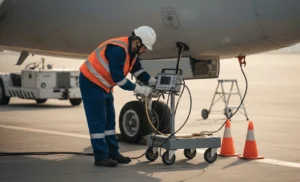 Teknisi QA industri penerbangan melakukan uji pitot-static pada pesawat di apron bandara menggunakan alat pitot static tester untuk memastikan akurasi sistem tekanan udara dan keselamatan penerbangan.