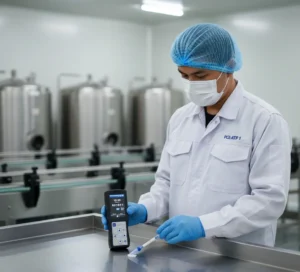 Staf QA/QC Indonesia mengukur kebersihan permukaan meja stainless dengan ATP tester PCE-ATP 1 di pabrik minuman, layar alat menyala dan swab uji berada di tangan.