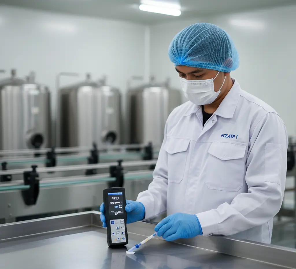 Staf QA/QC Indonesia mengukur kebersihan permukaan meja stainless dengan ATP tester PCE-ATP 1 di pabrik minuman, layar alat menyala dan swab uji berada di tangan.