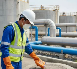 Teknisi Indonesia memakai helm keselamatan dan rompi reflektif sedang mengukur atmosfer di dekat manhole instalasi pengolahan air limbah menggunakan detektor multi-gas portabel Air Quality Meter Gas-Pro-1 dengan lampu indikator hijau, menunjukkan kondisi kerja yang aman dan terkontrol di lingkungan industri.